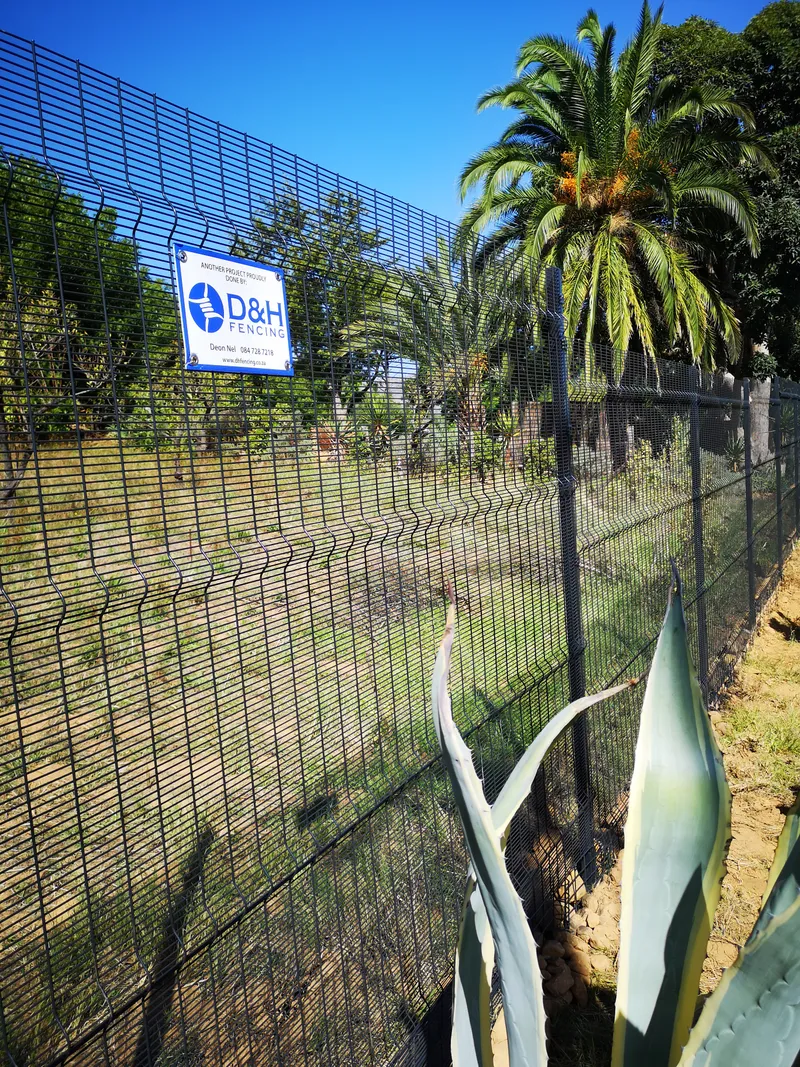 Clearview anti-climb fence with D&H Fencing sign in palm-tree garden Western Cape