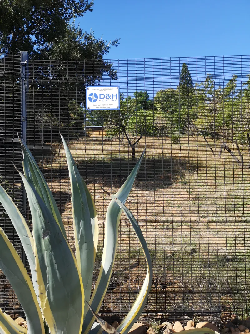 Clearview mesh fence with D&H Fencing branded sign on residential property in Cape Town