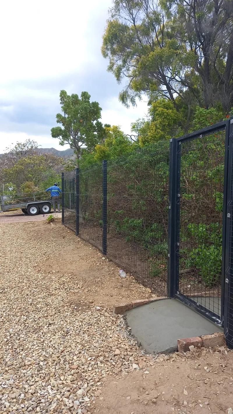 Dark green Clearview mesh fence with matching gate installed at Cape Town rural residential property
