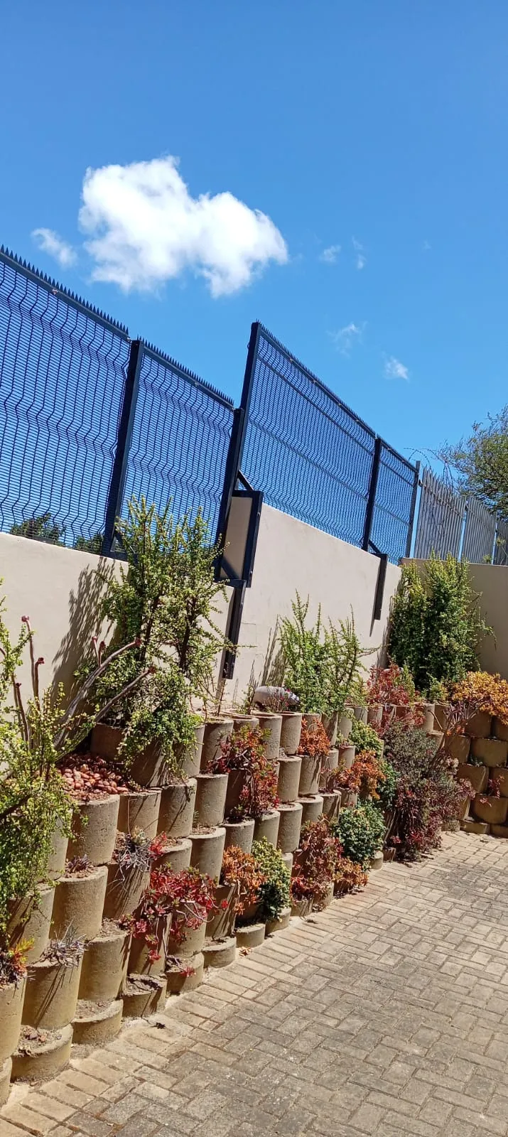 Blue powder-coated clearview wall topper above succulent planter wall in Cape Town