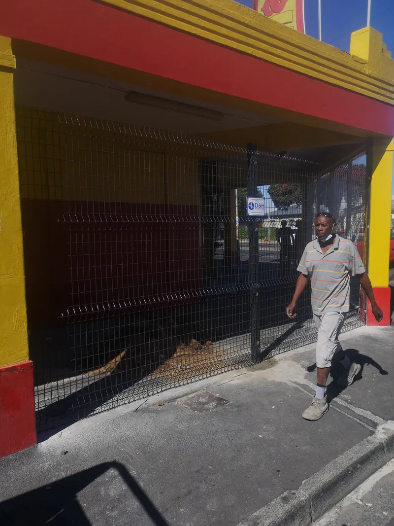 Clearview mesh security fence protecting commercial shopfront entrance in Cape Town
