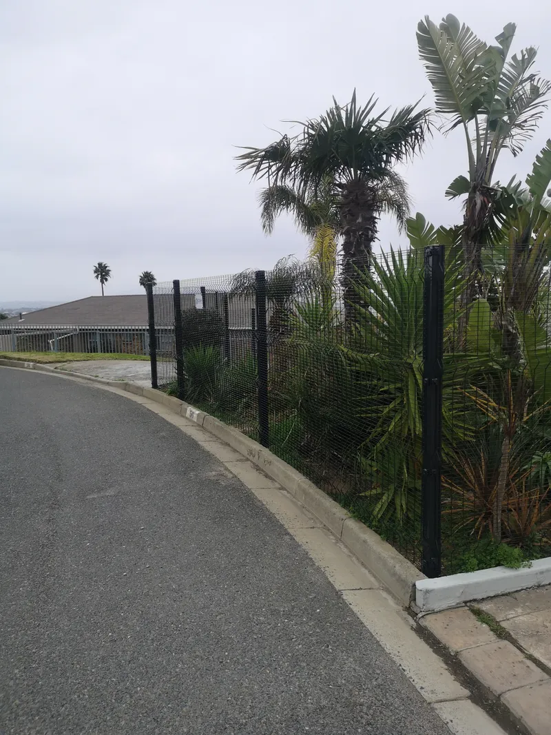 Black clearview boundary fence along curving suburban street in Cape Town